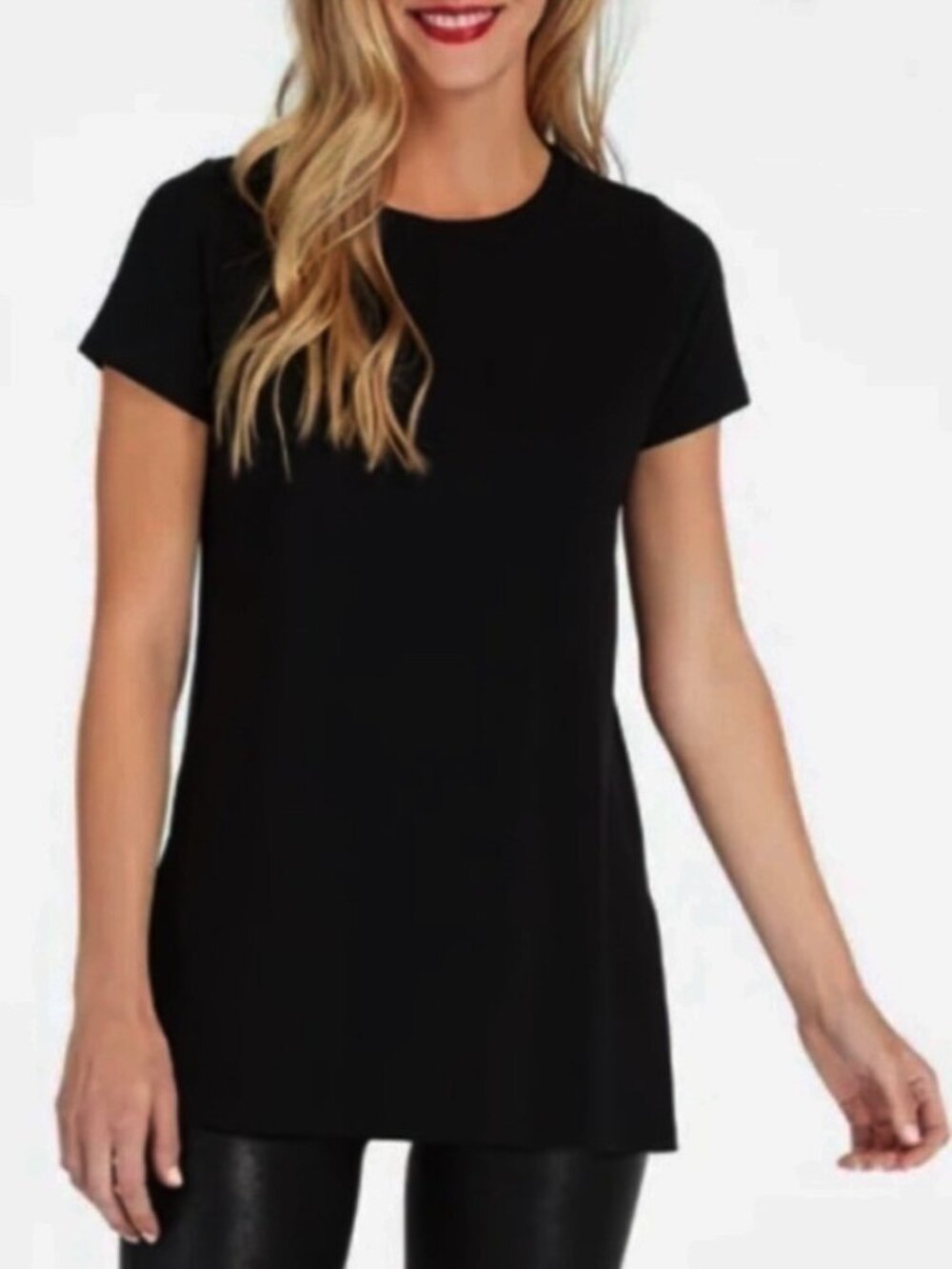 Spanx Perfect Length Short Sleeve Tee Size Large Black Stretch Jersey Capsule